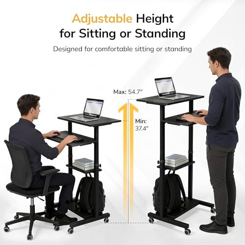 Mount-It! Black Rolling Standing Desk, Adjustable Height up to 54.7", Portable Laptop Podium Desk on Wheels, Mobile Computer Workstation with 4 Shelves 27.5" Wide, Cart for Home Office or Classroom