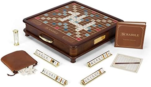 WS Game Company Scrabble Luxury Edition Rotating Wooden Board Game Set | Classic Word Game, Luxurious Wood Cabinet, Rotating Game Board