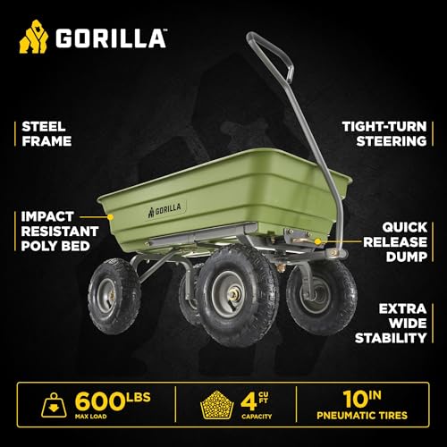 Gorilla Carts Poly Garden Dump Garden Cart with Easy to Assemble Steel Frame, Camping Wagon with Quick Release System, 1200 Pound Capacity, and 13 Inch Tires | 1,200-lb Capacity, 6 Cu Ft Tub Poly Dump Cart with Quick-Release Dump for Bigger Yard Cleanup…