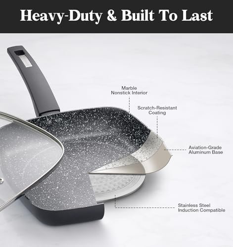 KOCH SYSTEME CS 9.5 Inch Nonstick Grill Pan for Stove Tops, Marble Coating Square Grill Skillet with Lid, Fry Pan Compatible with all Stoves