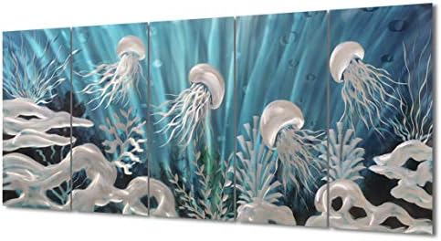 Yihui Arts Handcrafted 3D Metal Wall Art - Ocean Wave Sculpture, 5 - Panel Aluminum Decor for Living Room, Bedroom & Office