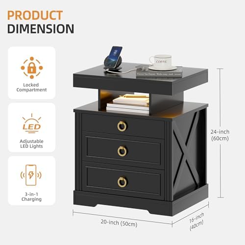 Lockable Night Stand with Gun Drawer,Charging Station,LED Lights,White | LED Nightstand with Charging Station,Farmhouse Bedside Table with 3-Color Light,End Table with 3 Drawers,Bedroom