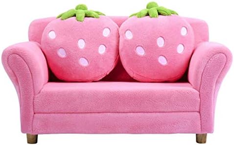 Costzon Kids Couch, Double Seat Pink Children's Sofa with 2 Strawberry Pillows, Toddler Armrest Chair for Bedroom, Living Room