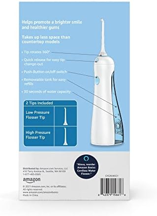 Amazon Basics HydroClean Portable Cordless Water Flosser for Teeth and Gums, 2 Pressure Tips, Removable Tank, 30 Seconds Water Capacity