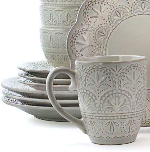 Elama White Lace 16 Piece Round Scallop Stoneware Dinnerware Set in White