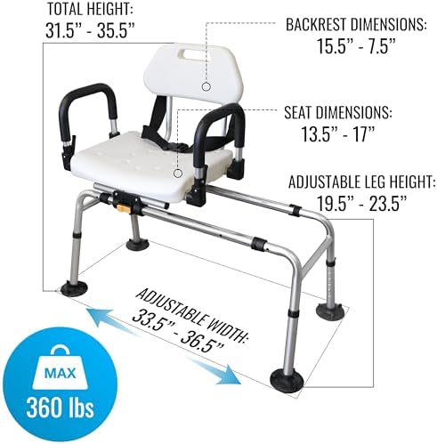 DMI Tub Transfer Bench and Shower Chair with Non Slip Aluminum Body, FSA Eligible, Adjustable Seat Height and Cut Out Access, Holds Weight up to 400 Lbs, Bath and Shower Safety, Transfer Bench