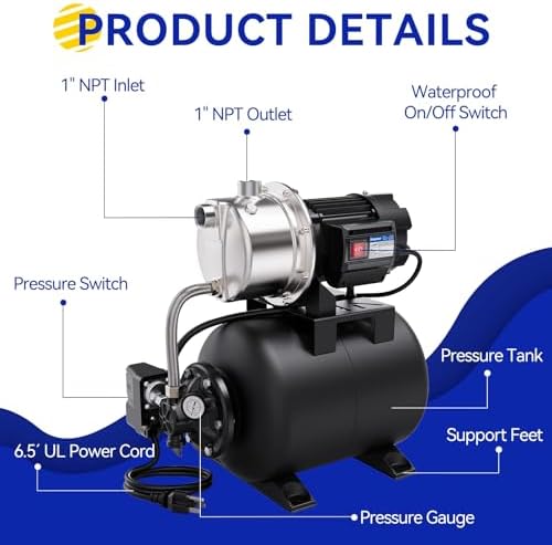 115V Shallow Well Garden Pump, Stainless Steel, Automatic Water Booster Jet Pump 1320 GPH, for Irrigation, Home, Garden, Lawn