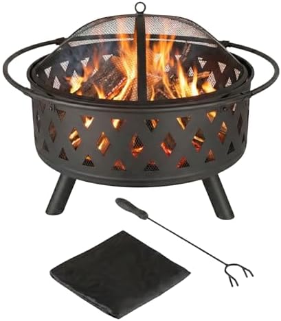 Fire Pit - 32-Inch Outdoor Wood Burning Firepit with Screen, Poker, and Cover - Outdoor Fire Pits for Backyard, Deck, or Patio by Pure Garden (Black)