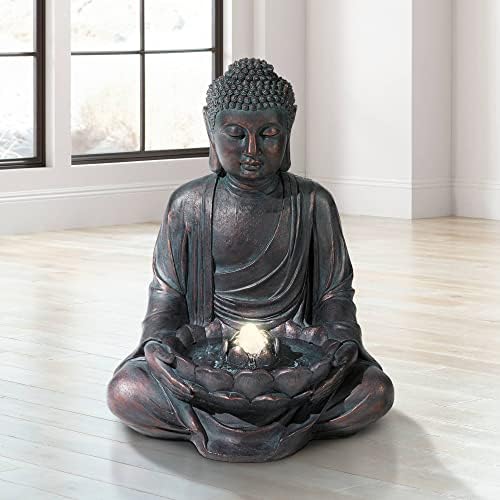 Meditating Buddha 24" High Outdoor Indoor Large Bubbler Fountain with Light | Zen Asian Decor Resin Floor LED Standing Water Feature for Outside Garden Patio Yard Backyard Porch Deck