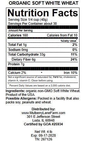 Soft White Wheat Berries 4 Pounds Kernels, USDA Certified Organic, Non-GMO Bulk, Product of USA, Mulberry Lane Farms