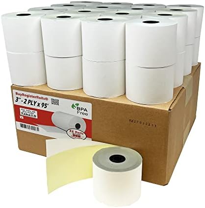 (10 Rolls - 50 GSM) 3'' x 95' White/Canary 2 Ply Carbonless Kitchen Printer Paper Cash Register Receipt Rolls for Star Micronics SP2000, UP389 VeriFone Omni 480, Printer 220, 250, 900 TMU 220