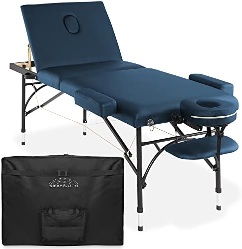 Saloniture Professional Portable Lightweight Tri-Fold Massage Table with Aluminum Legs - Includes Headrest, Face Cradle