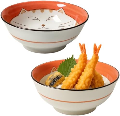 JapanBargain Set of 2 Japanese Porcelain Bowls, Large 7.5 Inch Ramen Udon Noodle Rice Soup Pho Poke Cereal Bowl, Maneki Neko Smiling Lucky Cat Pattern