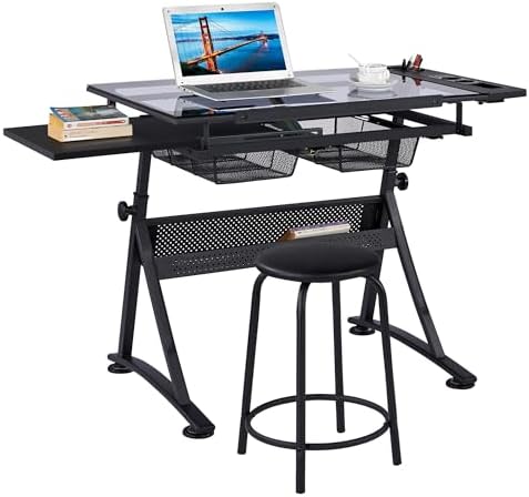 Yaheetech Drawing Table, Art Craft Desk with Adjustable Tabletop, Painters/Artist Work Station, Study Table with Stool, Tempered Glass Top