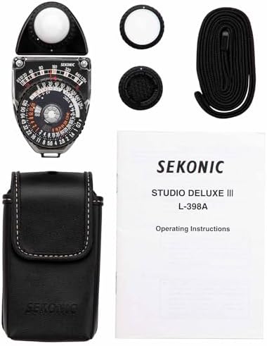 Sekonic L-398A Studio Deluxe III Analog Light Meter, Battery-Free Incident & Reflected Ambient Meter with Amorphous Photocell, Swivel Head