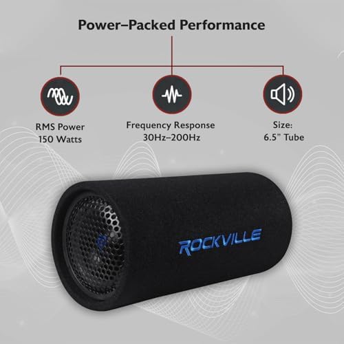 Rockville RTB65A 6.5" Powered Subwoofer Bass Tube, 300W Peak, Deep Bass, Built-In Amp, MP3 Input, Crossover, Vented Enclosure