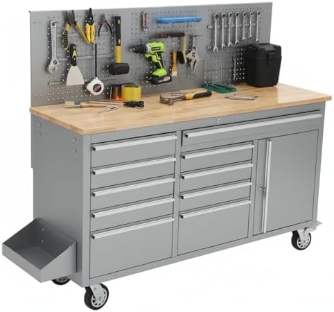 61-Inch Rolling Tool Chest with 10 Drawers & Power Strip, Solid Rubber Wood Top, 1675 LBS Load Heavy Duty Mobile Workstation, Locking System and Drawer Liners for Garage Warehouse Shop, Black