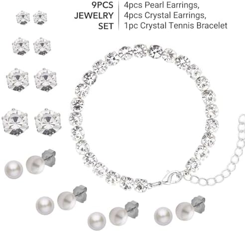 9pcs Set Shell Pearl Crystal Mix Steel Stud Earrings Bracelet Set