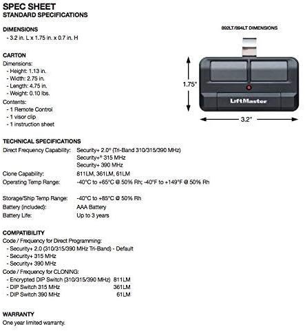 LiftMaster 892LT Two-Button Security+ 2.0 Learning Garage Door Opener Remote Control - Compatible only with Security+ 2.0 LiftMaster garage door
