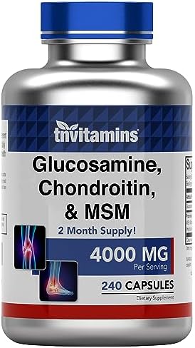tnvitamins Glucosamine Chondroitin MSM Capsules, 240 Count | 4, 000 mg Per Serving | 2, 000 mg Glucosamine Sulfate 2KCl + 2