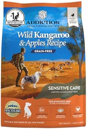 Addiction Wild Kangaroo & Apples Dry Dog Food - Limited Ingredient Diet for Dogs with Allergies & Sensitive Skin - 100% Kangaroo Meat, No Meal - Grain-Free - Made in New Zealand 4lb