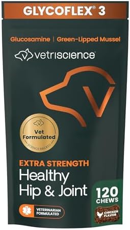 VetriScience Extra Strength Hip & Joint Supplement for Dogs – Supports Joint Health & Mobility, Vet-formulated w/Glucosamine, MSM & Green-Lipped Mussel – Chicken Flavor, 120 Chews