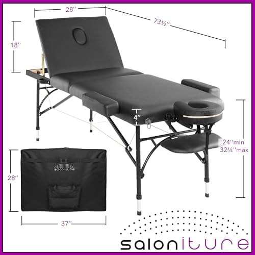 Saloniture Professional Portable Lightweight Tri-Fold Massage Table with Aluminum Legs - Includes Headrest, Face Cradle