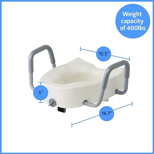 Medline 5" Standard Raised Locking Toilet Seat, 400 lb Capacity | Toilet Riser with Removable Padded Arms, Fits Most Standard Toilets, No Lid, Medical Seat For Adults and Elderly