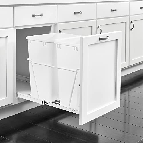 Rev-A-Shelf Double 35 Qt Pullout Trash Can for Base Kitchen Cabinets, Garbage Waste Bin System with Full-Extension Slides, Min Opening Width of 14.75" White, RV-18PB-2 S