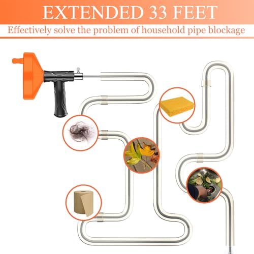 33 Feet Drain Snake Auger, Plumbing Snake Drain Hair Clog Removal Tool, Heavy Duty Toilet Snake Auger