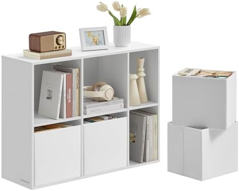 SONGMICS HOME Book Shelf, Snapsemble Superfast Assembly, 6-Tier Floor Standing Bookcase with Doors and Adjustable Shelves, 70.4 Inches Tall for Bedroom Study Living Room, Snow White