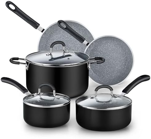Cook N Home 8-Piece Nonstick Pot and Pan Set with Lid Induction Compatible | Cookware Set Includes Saucepan with Lid, Stockpot with Lid, Frying Pan, Kitchenware set Non Stick, Black