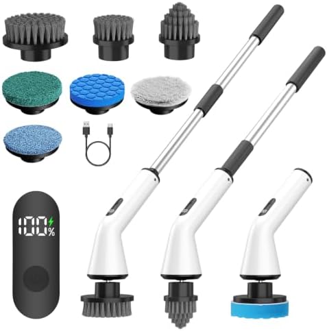 Electric Spin Scrubber for Bathroom, Power Cleaning Brush with 7 Replaceable Brush Heads, Adjustable Long Handle