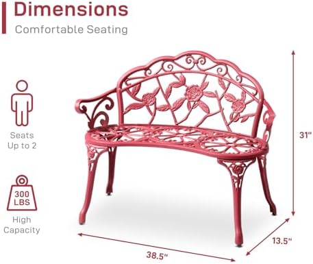VINGLI 38.5" Patio Park Garden Outdoor Metal Rose Bench, 2-Person Cast Iron Cast Aluminium Frame Antique Finish Chair,Accented Lawn Front Porch Path Yard Decor Deck Furniture (Bronze, Rose)