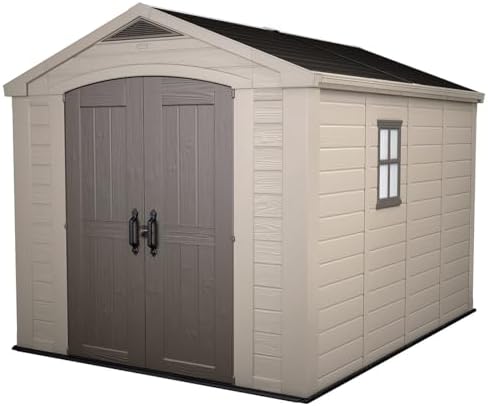 Keter Factor (8x6 ft) Large Resin Outdoor Storage Shed for Patio Furniture, Lawn Mower, Garden Accessories Yard Tools, and Pool Toys, Taupe