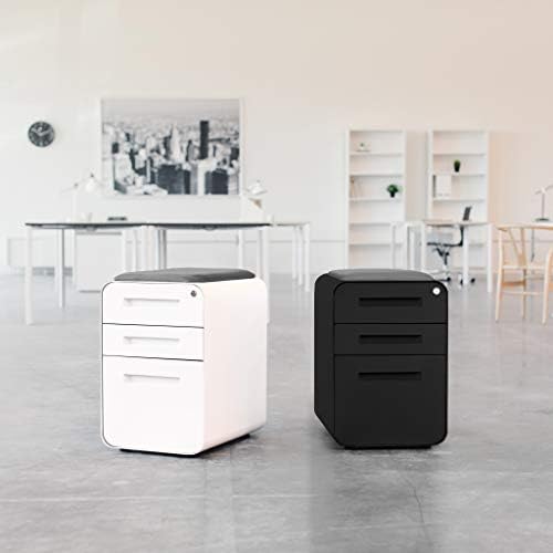 Laura Davidson Furniture STOCKPILE Curve Seated 3-Drawer Mobile File Cabinet with Removable Magnetic Cushion Seat - Metal Filing Cabinet