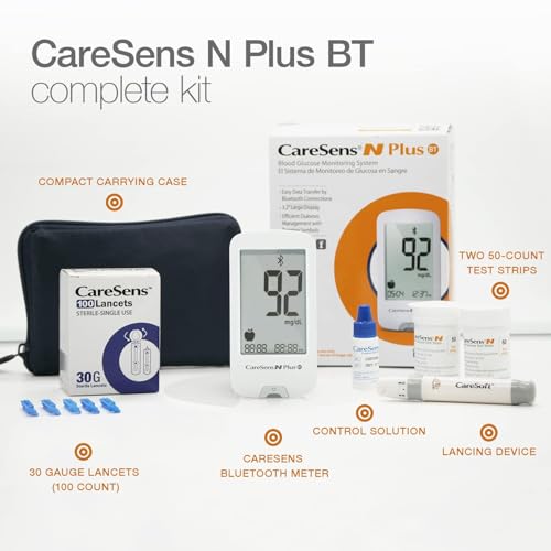 CareSens N Plus Bluetooth Blood Glucose Monitor Kit with 100 Blood Sugar Test Strips, 100 Lancets, 1 Blood Glucose Meter, 1 Lancing Device
