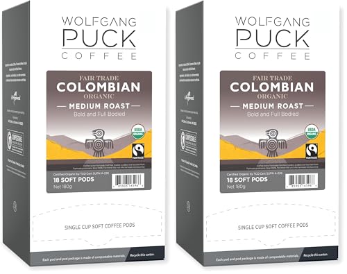 Wolfgang Puck Coffee, Organic Colombian Fair Trade, 9.5 Gram Soft Pods, 18 Count (Pack of 1)