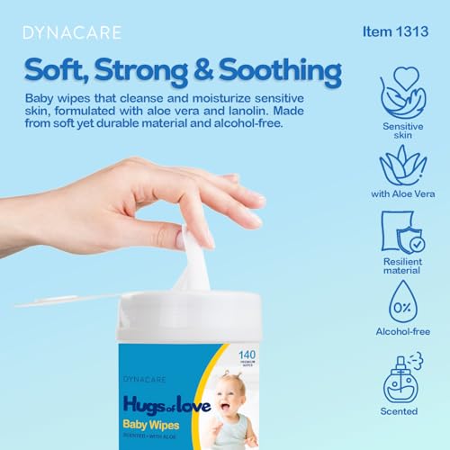 Dynarex DynaCare Hugs of Love Baby Wipes - Scented - Alcohol-Free Wipes with Aloe & Lanolin, Safe for Sensitive Skin - 140 Wipes per Canister