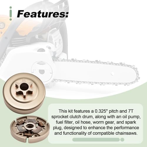 .325" 7T Spur Sprocket Clutch Drum Kit with Oil Pump Fuel Filter Oil Hose Line Worm Gear Spark Plug Compatible with Stihl MS231 MS231C MS251 MS251C