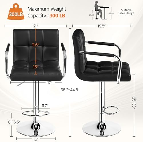 Yaheetech Bar Stools Set of 2, Swivel with Backs, Adjustable Height, White | 360° Swivel Barstools Feature Padded PU Leather Seats, Supportive Backs, 300 lb Capacity for Kitchen Islands