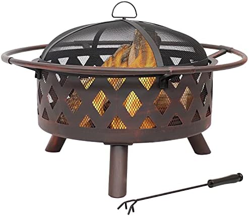 Sunnydaze Crossweave Large Outdoor Fire Pit, Wood Burning, Round, 36" | Black, Heavy Duty Steel Metal, Patio Fire Pit with Spark Screen, Poker, & Cover, Wood Firepit for Outside, Backyard, or Deck