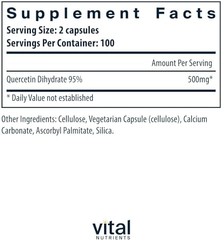 Vital Nutrients Quercetin - Vegan Quercetin Supplement with Bioflavonoids for Sinus, Respiratory, Heart, & Immune Function Support - Gluten, Dairy, Soy Free - 500mg - 100 Capsules