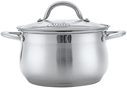 Alpine Cuisine 2-Quart Stainless Steel Dutch Oven with Tempered Glass Lid, Belly Shape, Heavy Duty & Dishwasher Safe