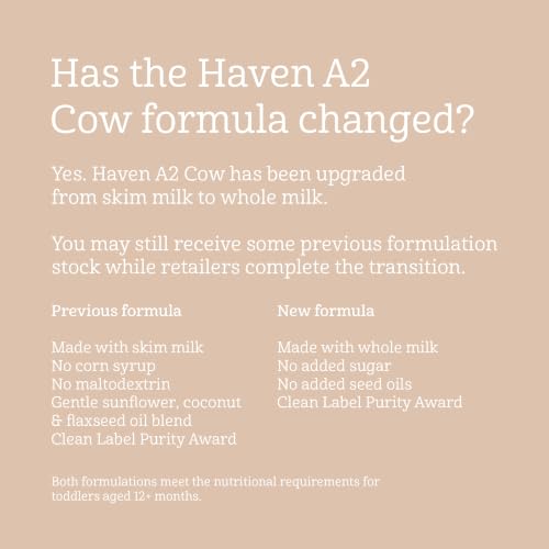 Haven A2 Cow Toddler Formula, Whole Milk, 12+ Months, 14.1oz | No Added Sugar, No Seed Oils, DHA Omega-3, Grass-Fed New Zealand Milk, Probiotics & Prebiotics, Lutein, Easy to Digest