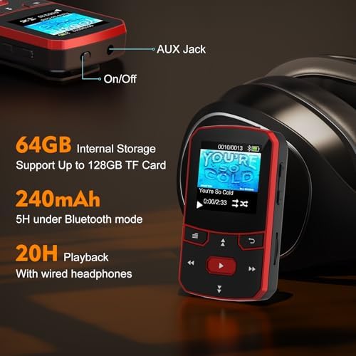 RUIZU 64GB Clip MP3 Player with Bluetooth 5.3, Lightweight 1 oz | Portable Music Player for Sports Running, Physical Buttons, FM Radio, Voice Recorder, Sleep Timer, Up to 128GB microSD Card