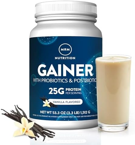MRM Nutrition Gainer Protein with Probiotics & Postbiotics - 18 Servings | Vanilla Flavored for Men & Women, 25g of Whey Protein Concentrate & Isolate, Micellar Casein, & Digestive Enzymes