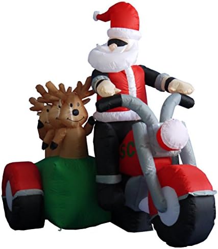 6 Foot Long Inflatable Santa Claus and 3 Reindeers in a Motorcycle | Outdoor Yard Blow-Up Holiday Decoration, Built-in Lights, Self-Inflating