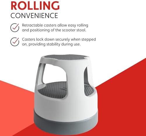 Cramer Scooter Stool, Round, 2-Step, 15", Step and Lock Wheels, 300 lb Capacity, Red