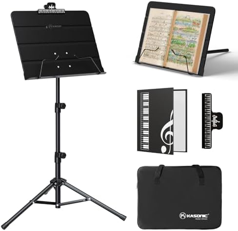 K KASONIC - Dual-Use Folding Sheet Music Stand & Desktop Book Stand with Portable Carrying Bag, Sheet Music Folder & Clip Holder (Black)